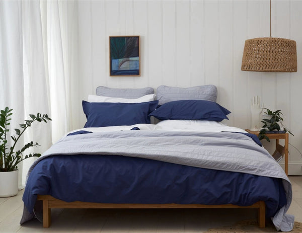 HIGH 5! - Bedlinen bundle Buy - Feyrehome Australia. 100% extra-long staple cotton percale. 300TC. No Pilling. Includes white Sheet Set, Indigo Duvet Cover Set and Silver Bedspread & Euro Pillowcases.  Single to King Size. Free Shipping Australia, Afterpay and ZipPay