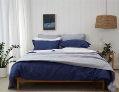 HIGH 5! - Bedlinen bundle Buy - Feyrehome Australia. 100% extra-long staple cotton percale. 300TC. No Pilling. Includes white Sheet Set, Indigo Duvet Cover Set and Silver Bedspread & Euro Pillowcases.  Single to King Size. Free Shipping Australia, Afterpay and ZipPay