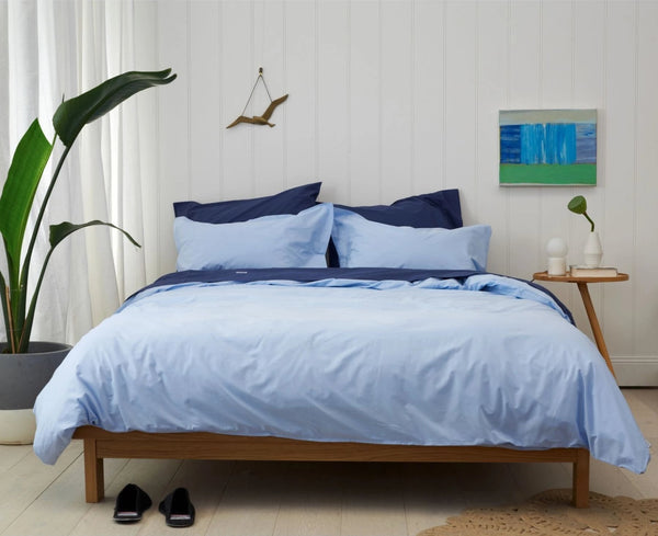 FLY WITH THE BIRDS - Bedlinen Bundle Buy - Feyrehome Australia. Includes Indigo Sheet Set and Blue Duvet Cover Set.  100% extra-long staple cotton percale. No pilling. 300TC.  Free shipping Australia. Afterpay and ZipPay. Single to King size