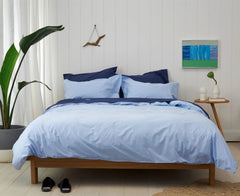 FLY WITH THE BIRDS - Bedlinen Bundle Buy - Feyrehome Australia. Includes Indigo Sheet Set and Blue Duvet Cover Set.  100% extra-long staple cotton percale. No pilling. 300TC.  Free shipping Australia. Afterpay and ZipPay. Single to King size